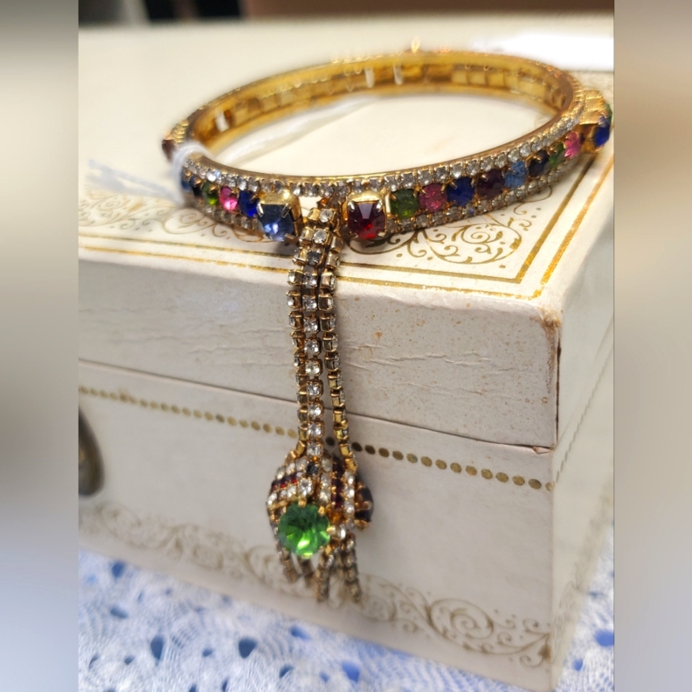 Vintage 1950s Gold Tone Rhinestone Bangle Bracelet